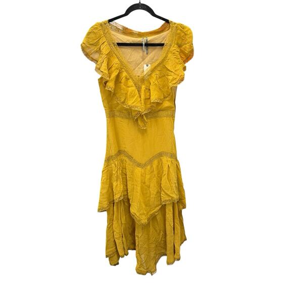 NWT By Anthropologie Mustard Ruffle V-Neck Midi Dress XS Viscose Boho Romantic - Picture 5 of 12